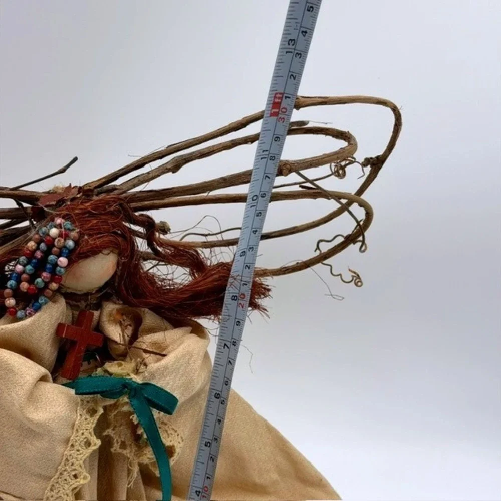 Mary Grey Primitive Folk Art Angel Doll Grapevine Wings Wood Base Handmade 12in